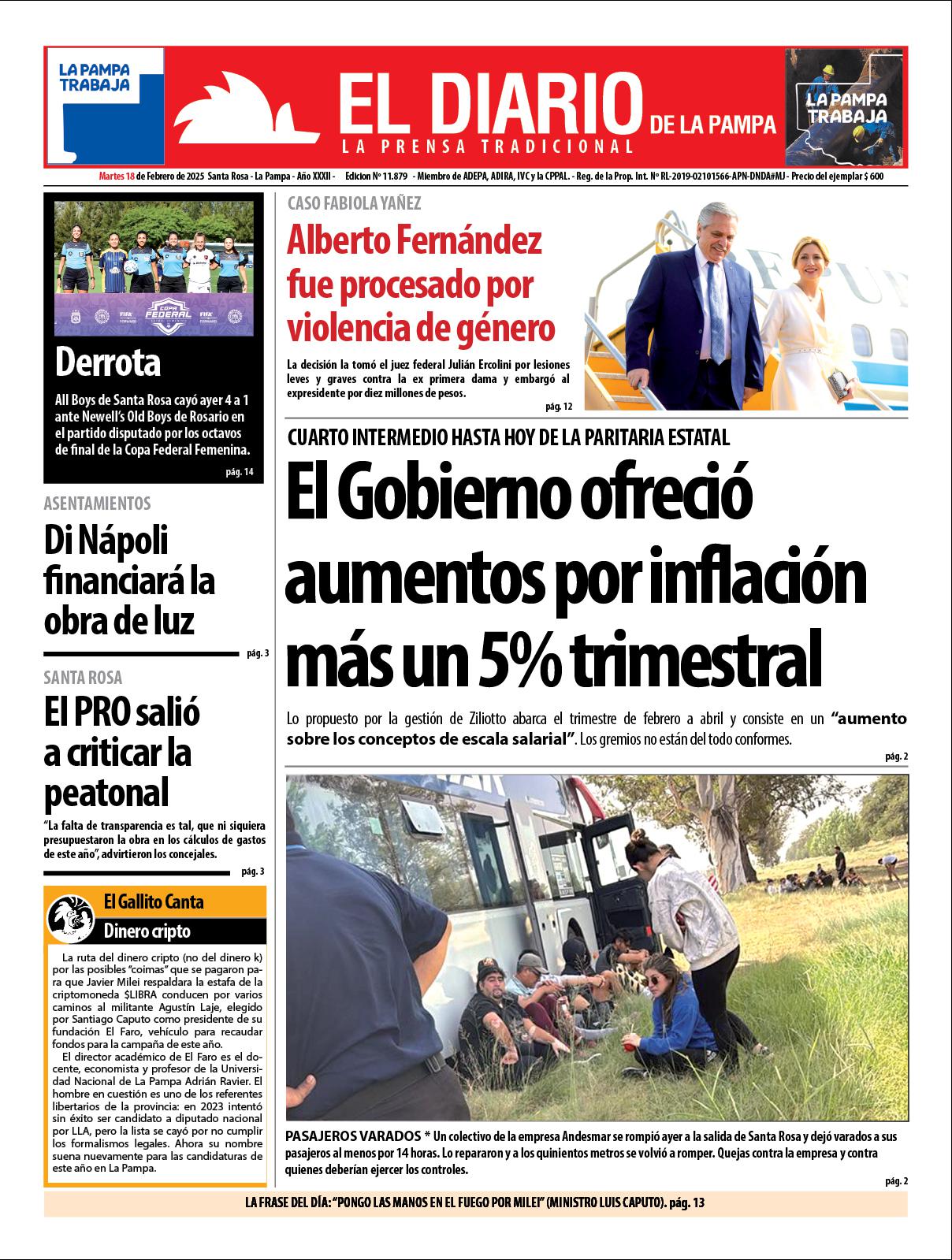 Tapa de El Diario en papel  martes 18 de febrero de 2025